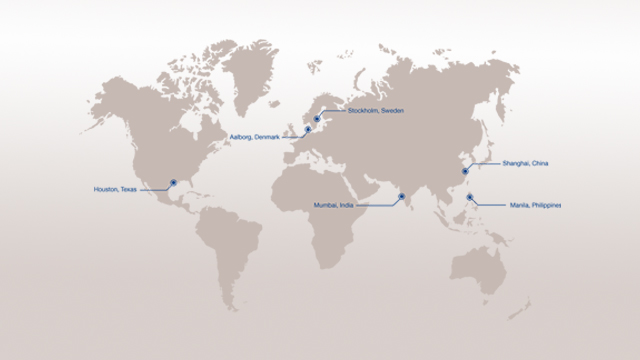 Carte situant les différents centres de formation Alfa Laval : Houston au Texas, Aalborg au Danemark, Stockholm en Suède, Mumbaï en Inde, Shangaï en Chine et Manila aux Philippines  