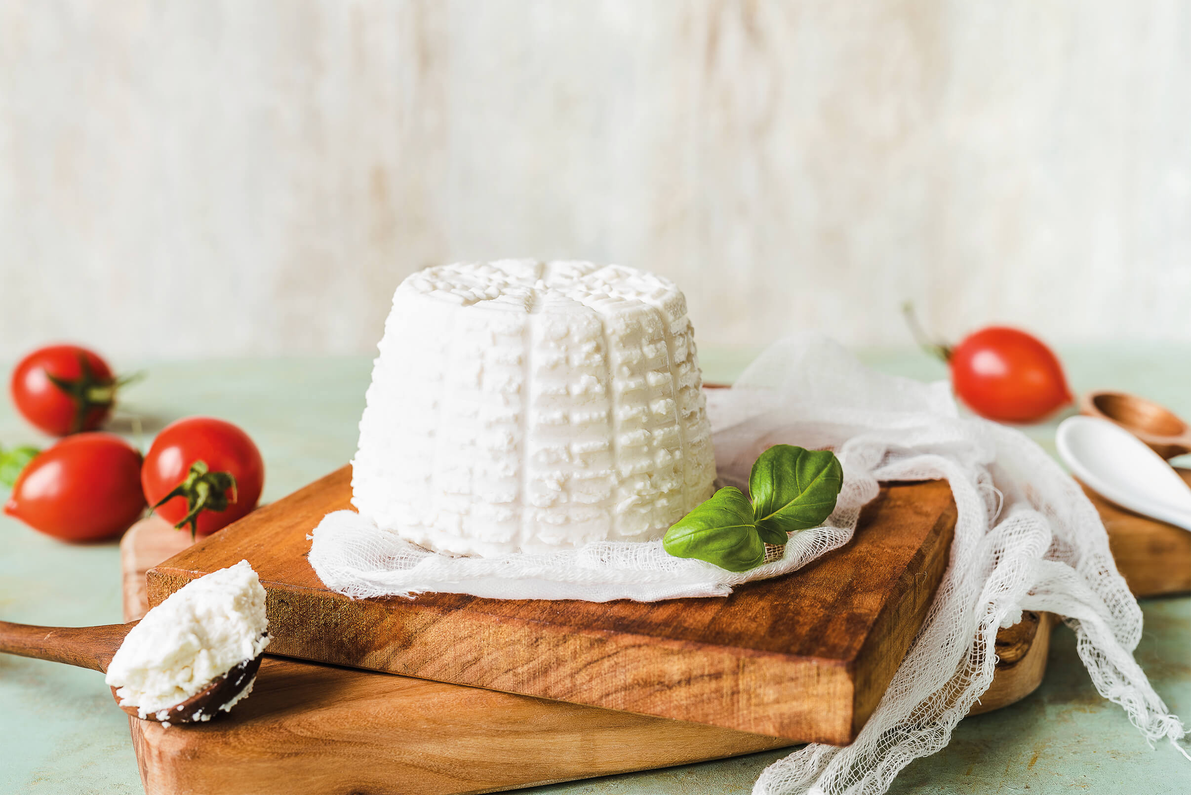 Ricotta cheese on wooden base