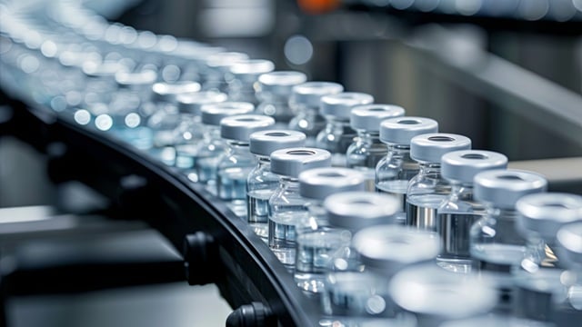 Glass vials with liquid on a conveyor belt in a pharmaceutical manufacturing facility.