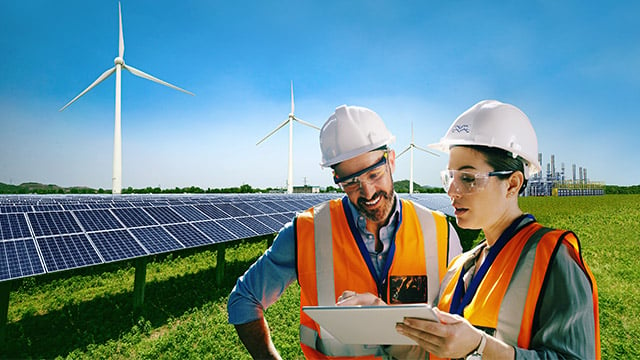 Male and female engineer discussing outside solar panels, windmills and green grass