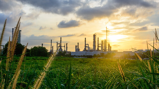 oil refinery green grass plants sunset