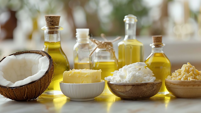 Various oils and fats in glass bottles and bowls, including coconut and butter, on a kitchen counter.