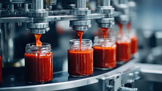 Automated food processing line filling glass jars with red tomato sauce in a factory.