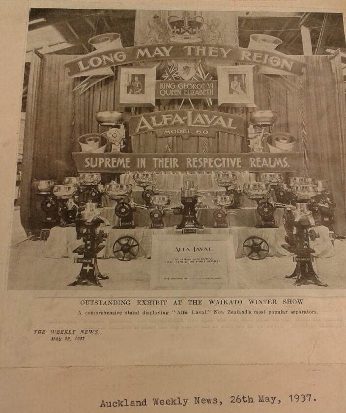 Alfa Laval trade display at the Waikato Winter Show newspaper coverage 1937