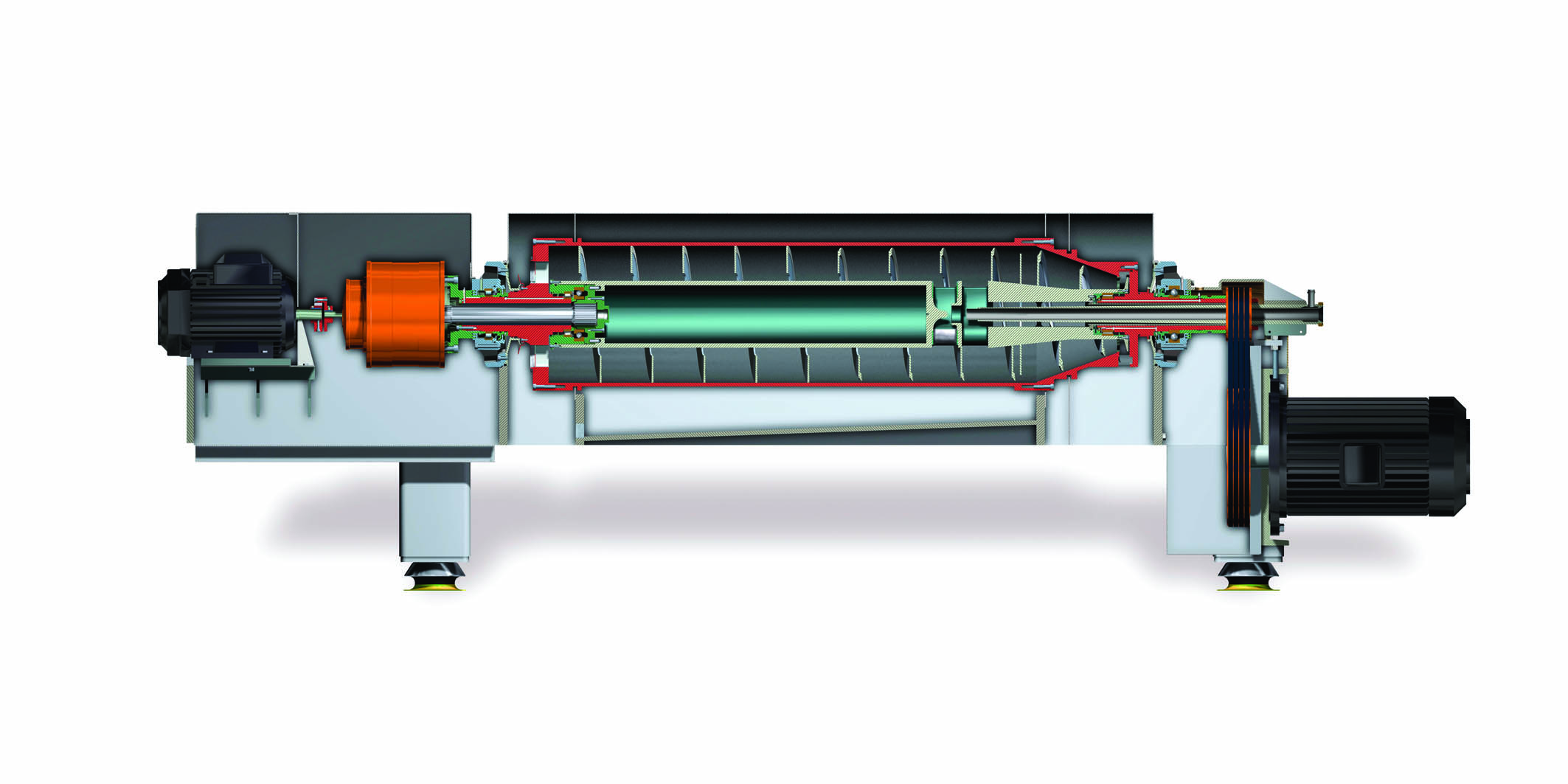 Imagen en planta del interior de un decanter centrifugo donde se puede indentificar los casquillos, los motores, la proteccion antidesgaste, etc