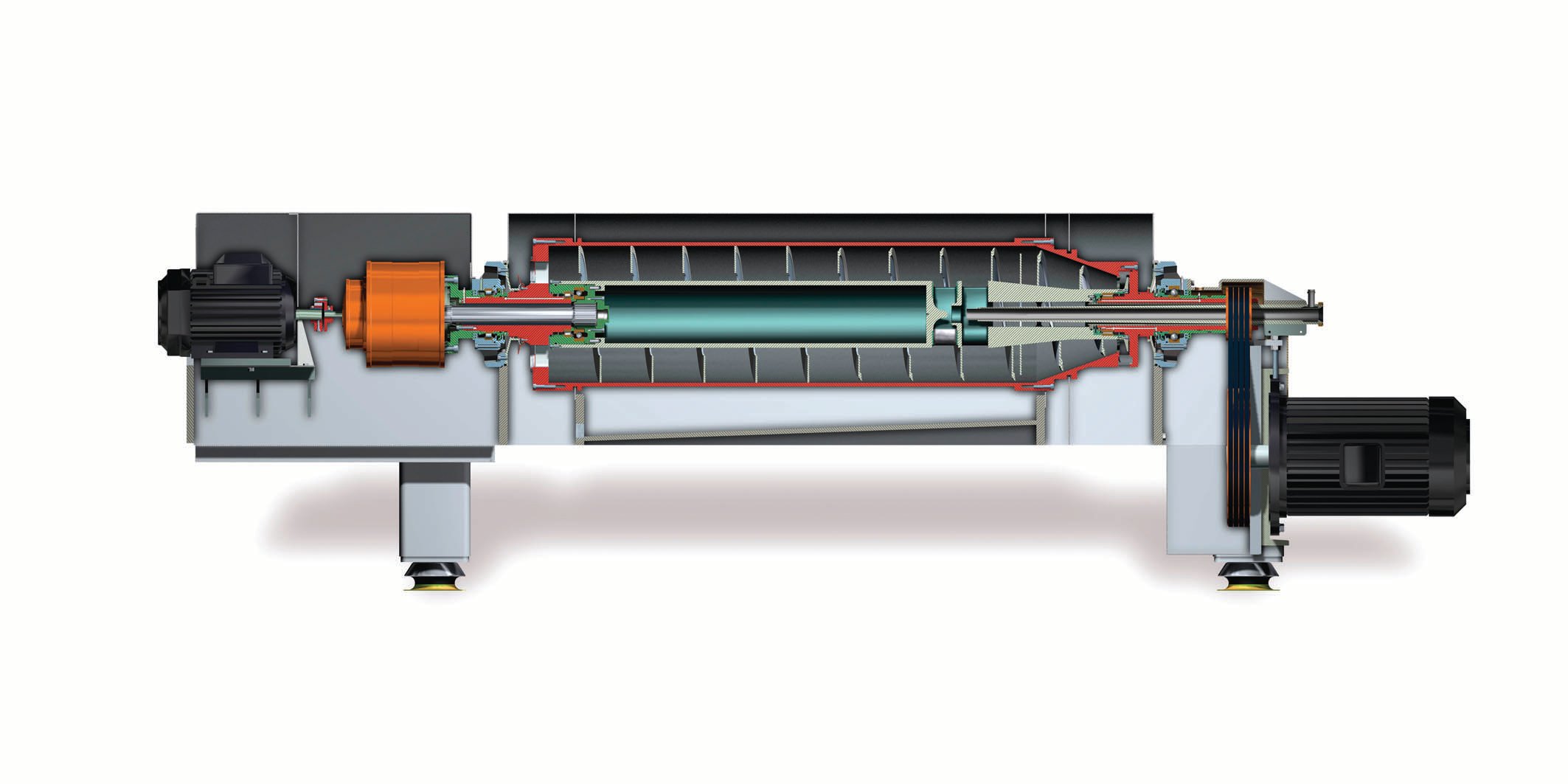 Imagen en planta del interior de un decanter centrifugo donde se puede indentificar los casquillos, los motores, la proteccion antidesgaste, etc