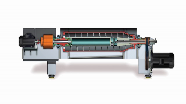 Imagen en planta del interior de un decanter centrifugo donde se pueden ver todas las partes