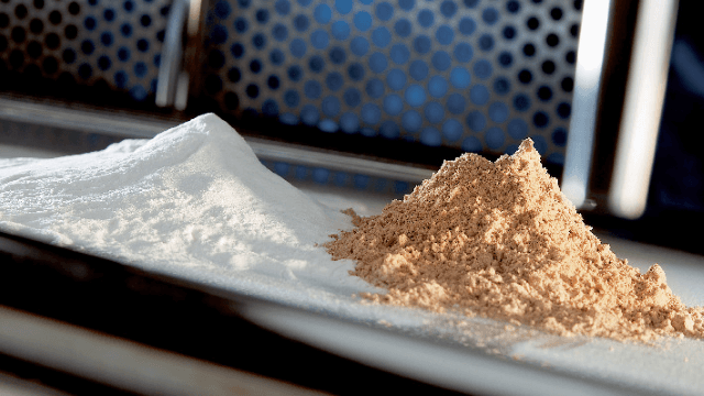 Piles of processed powder and grains