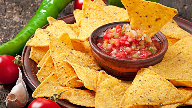 Products with particulate matter - nachos and salsa